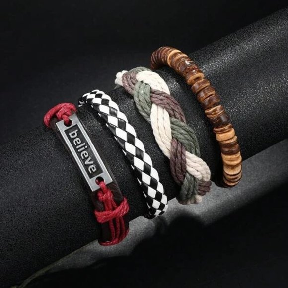 Handmade Set of 4 Multilayer Braided Leather Adjustable Rope Wood Beads Bracelet - Picture 3 of 6